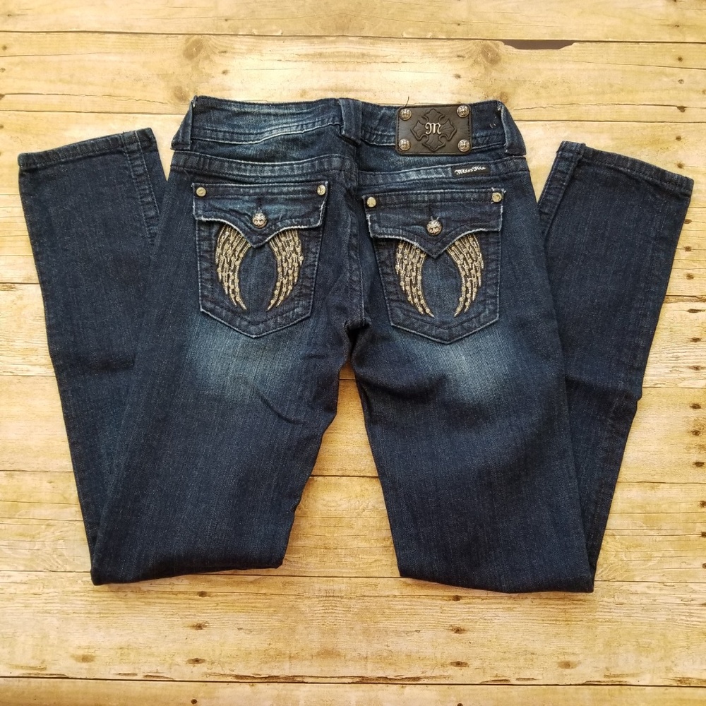 MISS ME DARK WASH SKINNY DENIM JEANS ANGEL WINGS